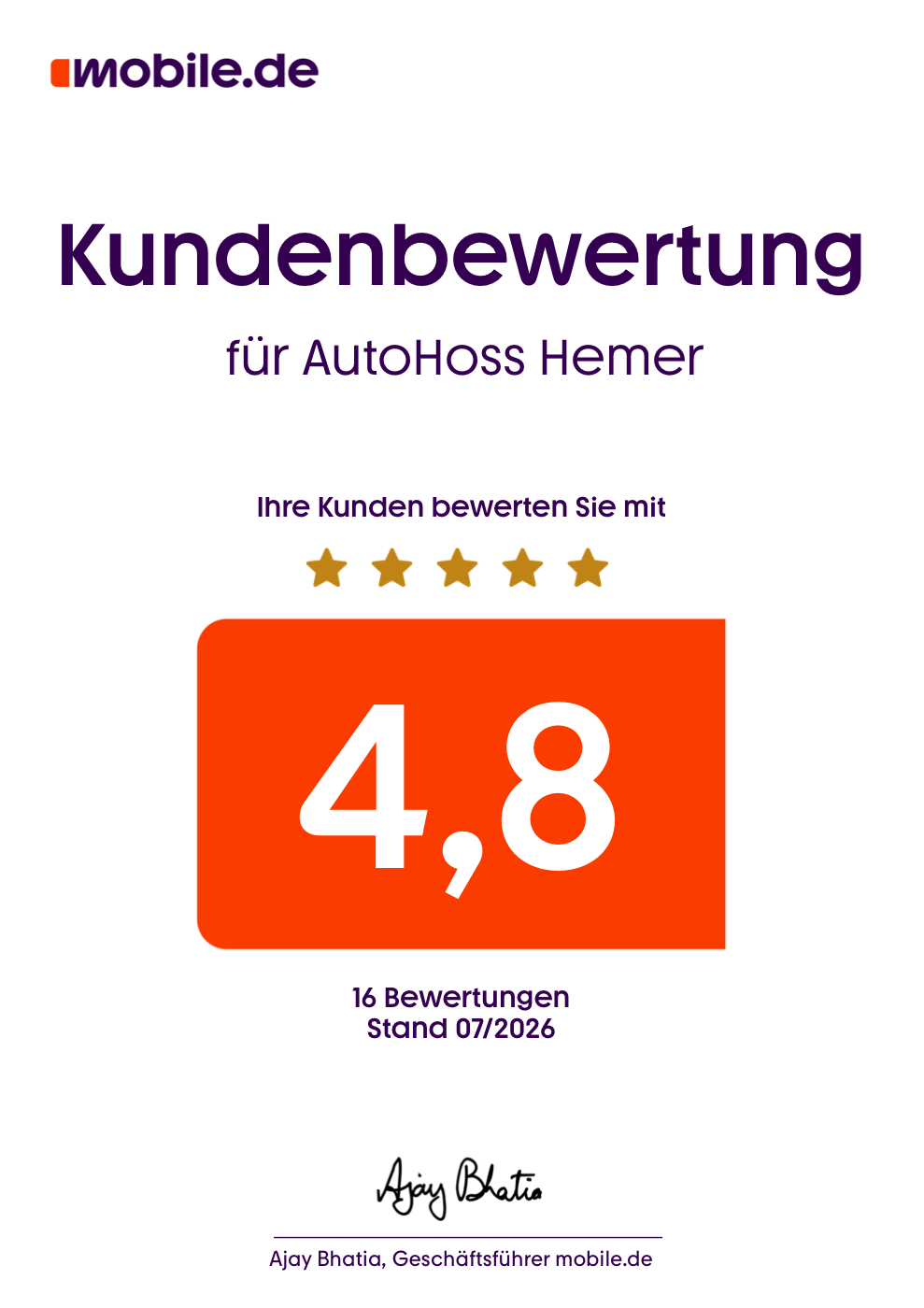 Kundenbewertung von mobile.de für AutoHoss Hemer: 4,8 Sterne bei 16 Bewertungen, Stand 07/2026.